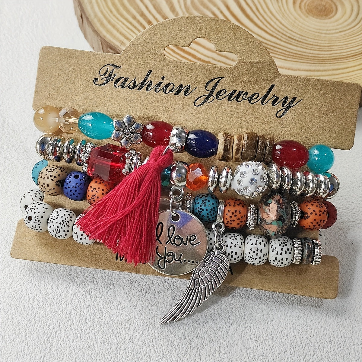 4 Pieces Set Bohemian Wing Round Tassel Multilayer Glass Beads Retro Bracelet for Women Leisure Vacation Jewelry Gift
