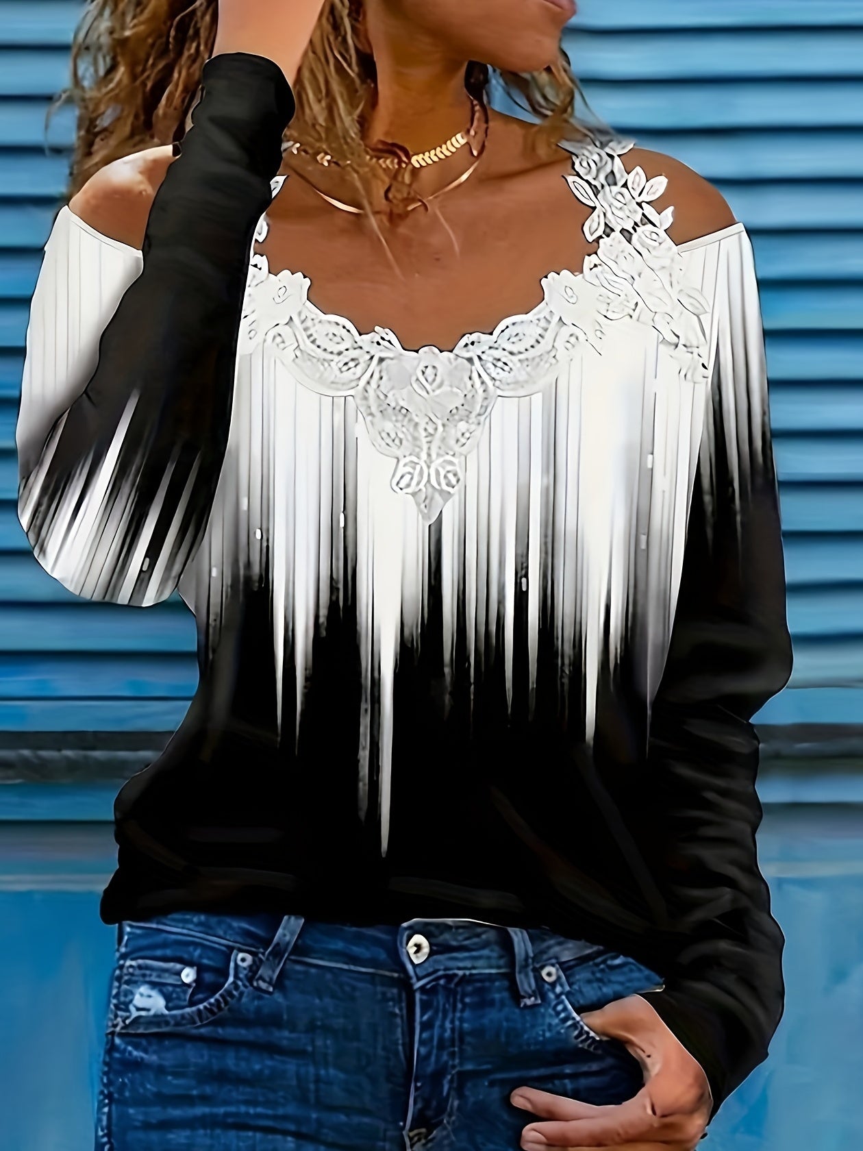 Spring And Autumn New Casual Gradient Color Printed Lace T-shirt Off-shoulder Long-sleeved Top