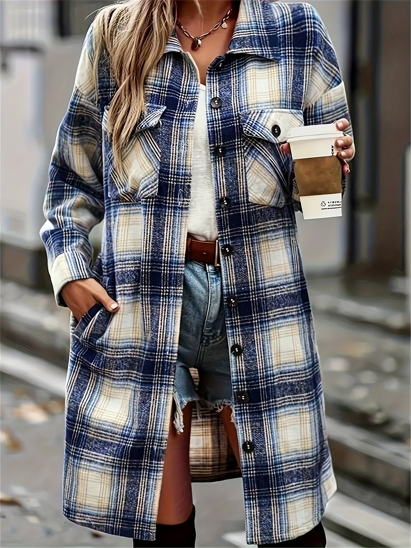 Classic Mid-Length Buffalo Plaid Shirt Jacket with Functional Pocket, Chic Turndown Collar, and Contrasting Buttons