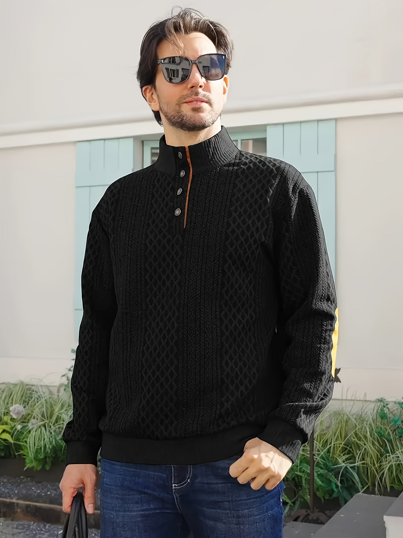 Men's Casual Sporty Diamond - Patterned Knit Jacquard Hoodie with Button Details - Stand - Up Collar, Long Sleeves, Stretch Fabric, Grey with Orange Accents