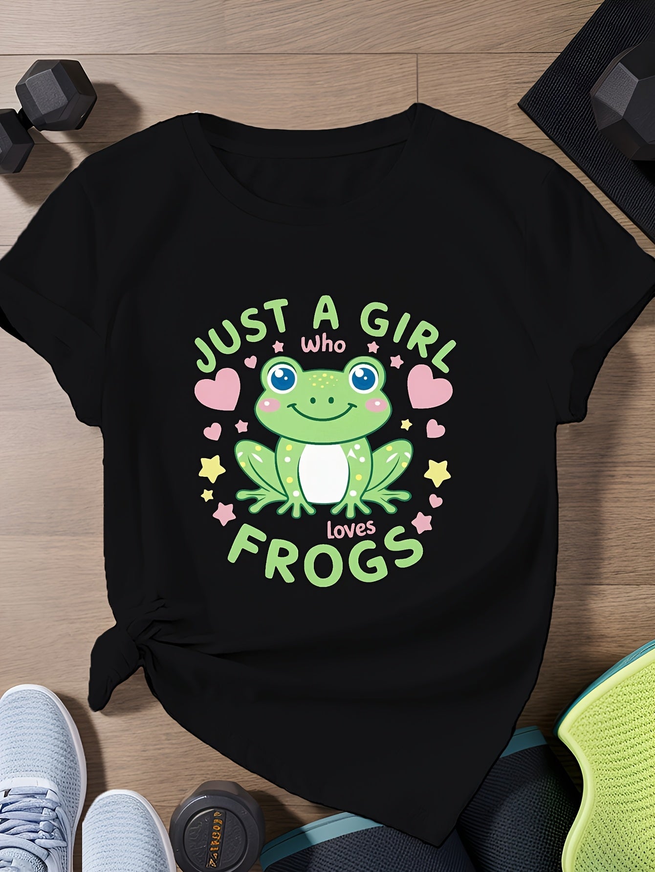 Women's Black Tie-Dye Frog Print T-Shirt Cute Cartoon Frog with Hearts and Stars Design Just a Who Loves Frogs Text Soft Breathable Round Neck Short Sleeve Tee for Casual and Sports Activewear Machine Washable All Season