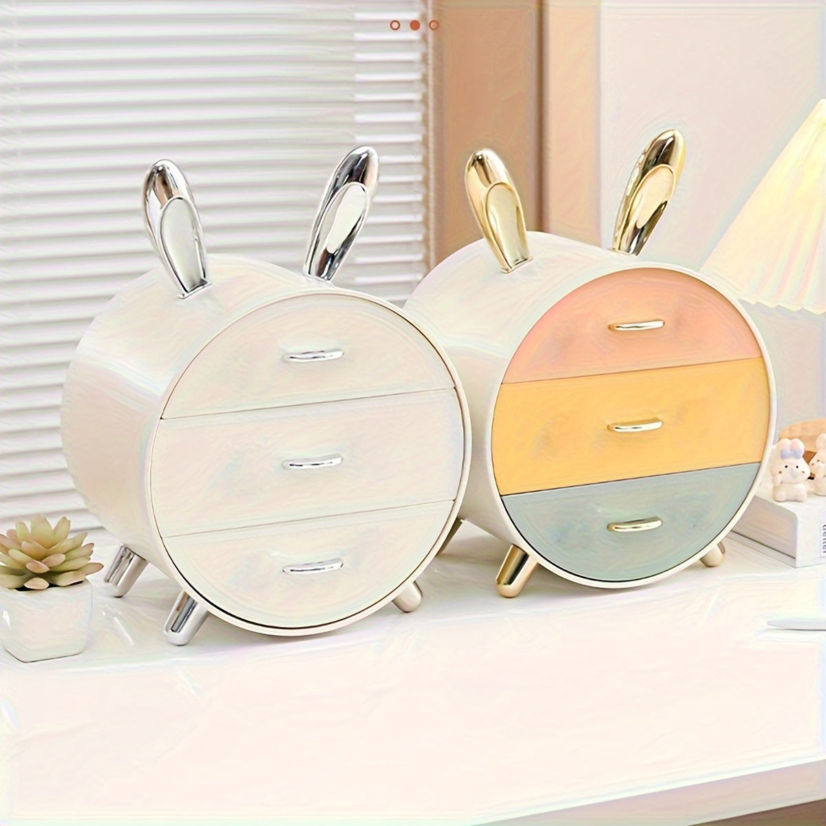 1pc Large Capacity Rabbit Decor Makeup Storage Case Multi-functional Cosmetic Organizer with Drawer Vanity Decor Skincare Stationary Container