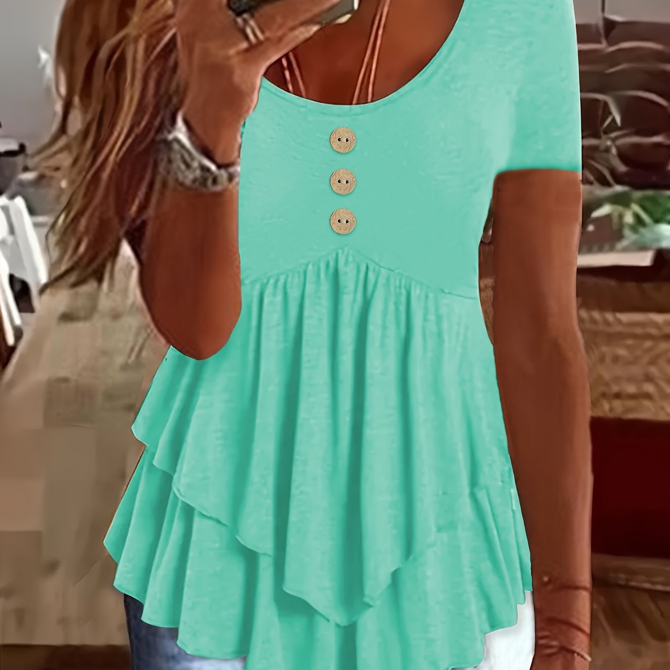 Women's Casual Short Sleeve Crew Neck T-Shirt Solid Color Button Front Flare Top Summer Blouse with Ruffles
