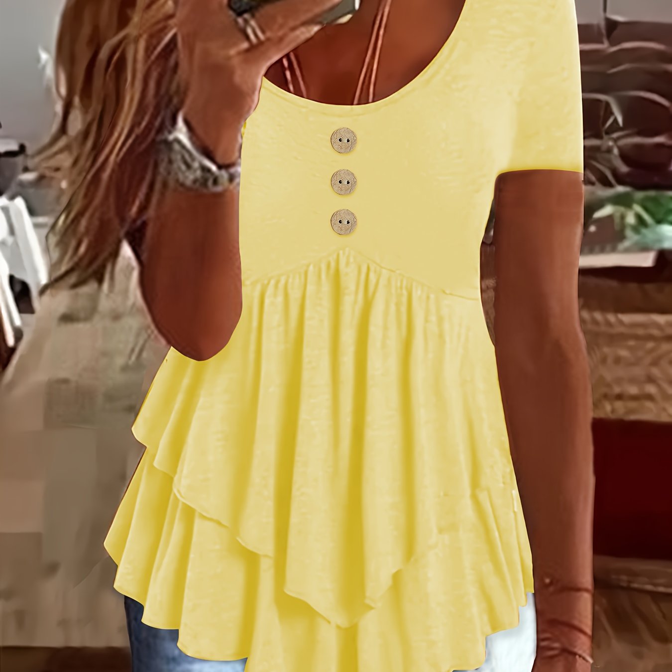 Women's Casual Short Sleeve Crew Neck T-Shirt Solid Color Button Front Flare Top Summer Blouse with Ruffles